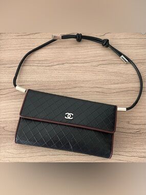CHANEL Black Quilted Leather Clutch Wallet Purse Burgundy Trim